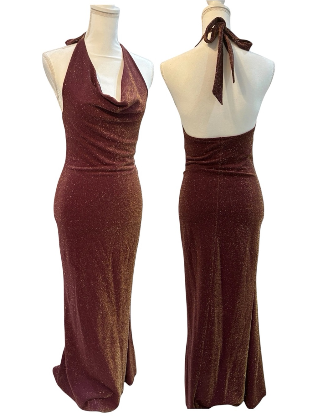 Zara Knitwear Burgundy Metallic Shimmer Halter Maxi Evening Dress Gown Medium